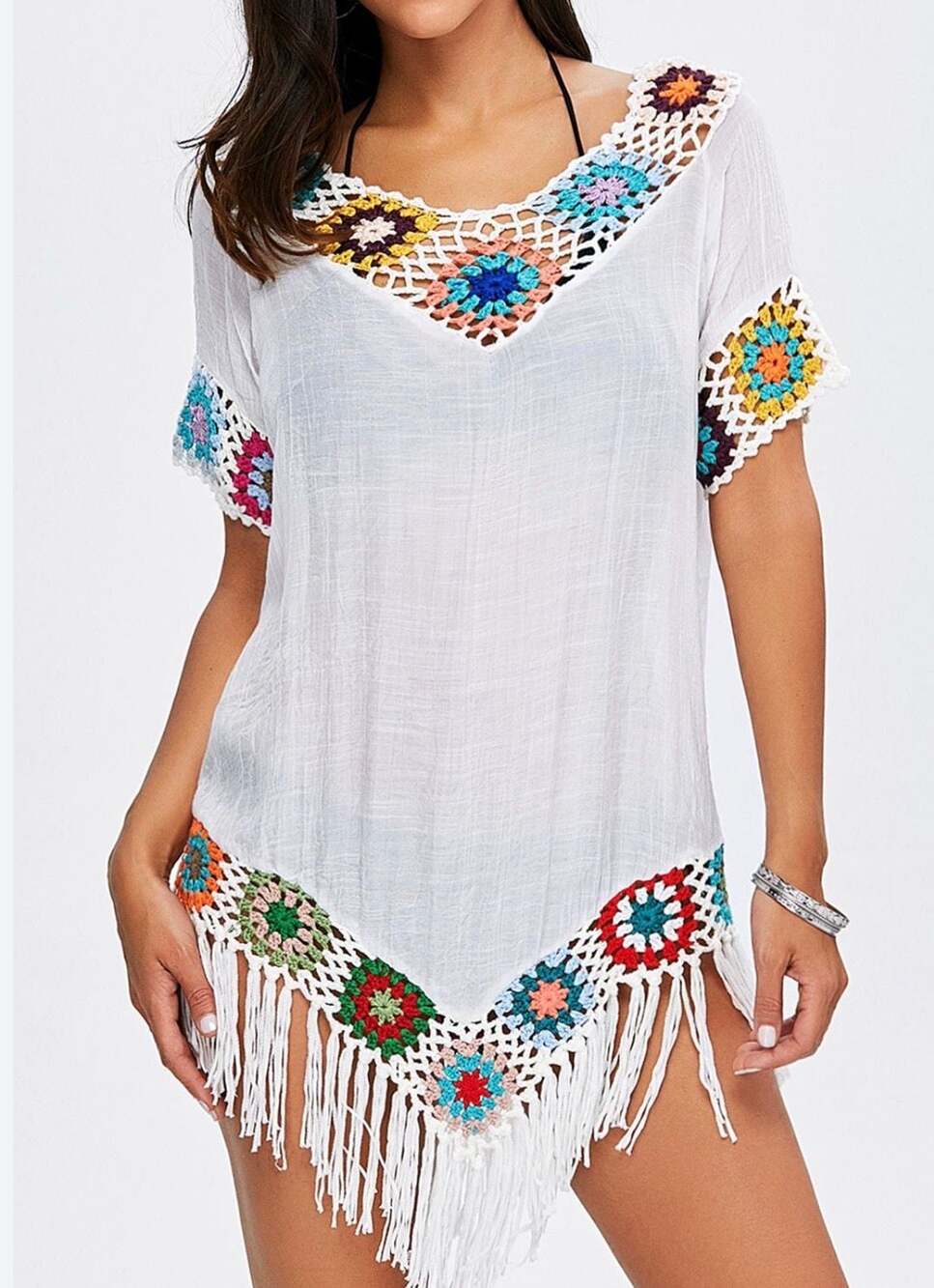 India Boutique Crochet Trim Fringe Beach Cover-Up granny squares cottage core
